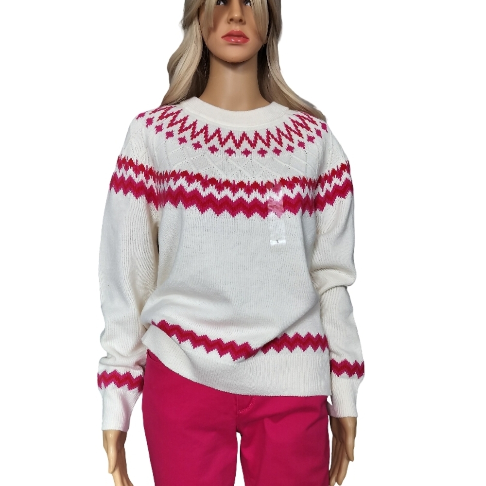 Style & Co. White and Pink Patterned Sweater